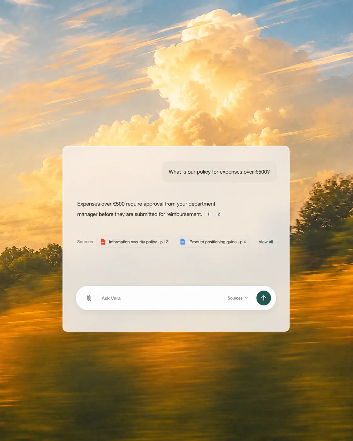 Vera answering an employee question in a centred translucent product panel