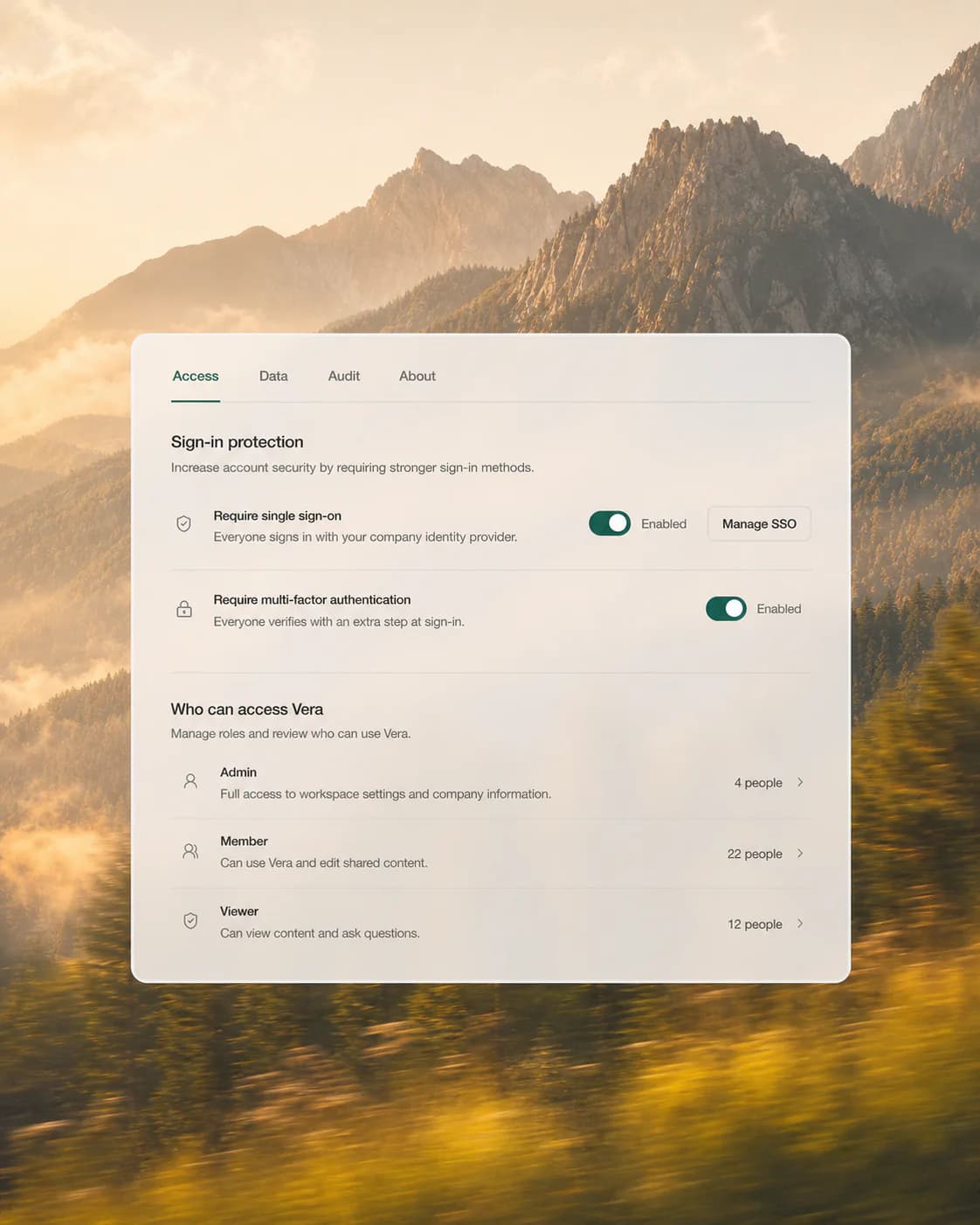 Vera access controls in a centred translucent product panel