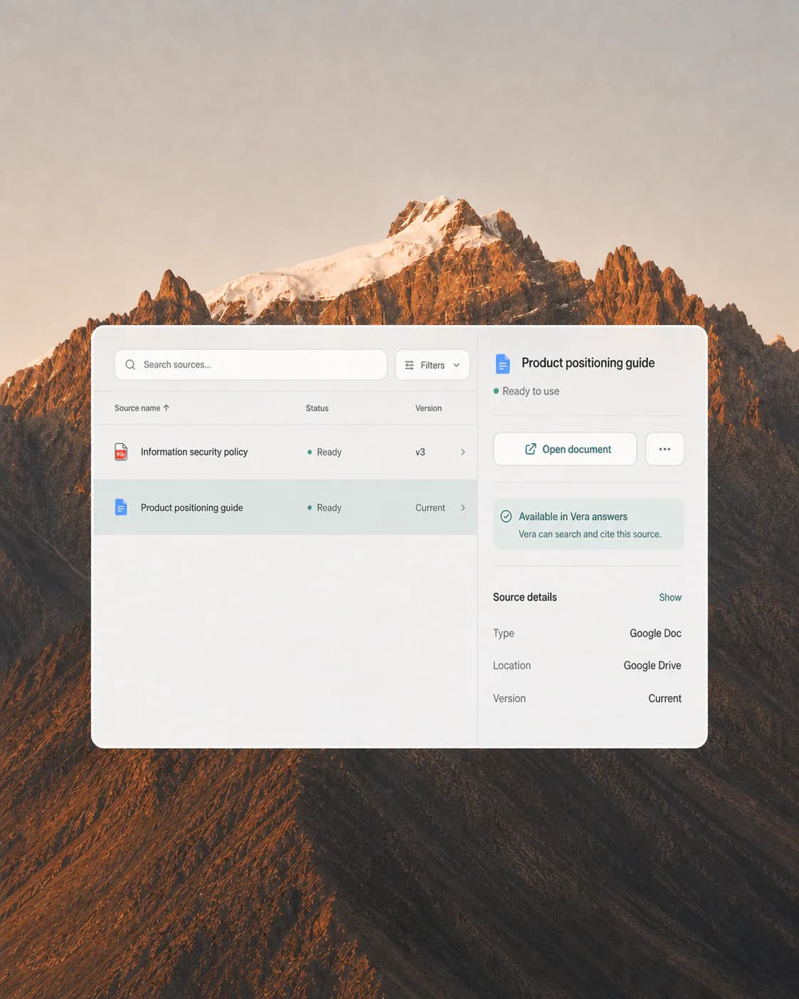 A Google Docs source opened in Vera in a centred translucent product panel